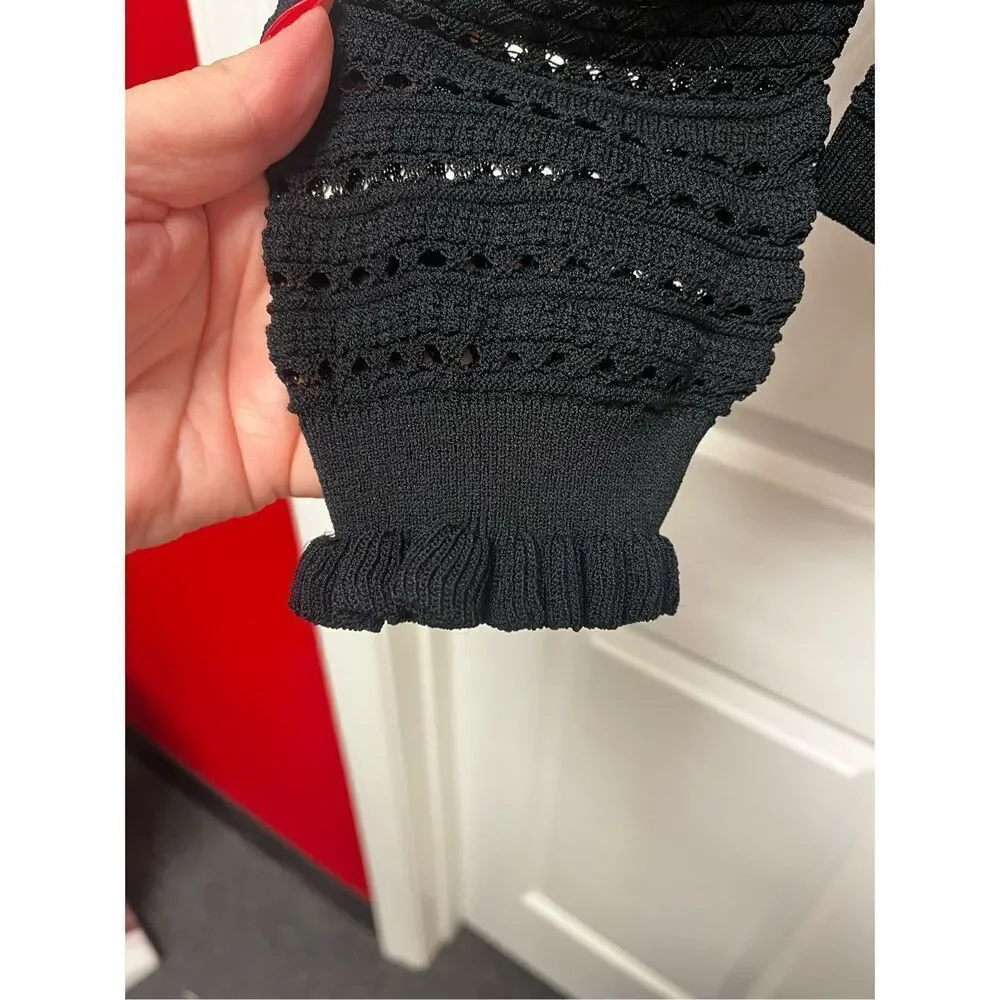 Bebe Black Ruffle Open Knit Romantic Whimsy Goth Sweater sz L NWOT